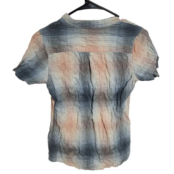 Woolrich Button Front Shirt Womens Size Small Plaid Blue Tan Short Sleeve Top - Picture 2 of 3